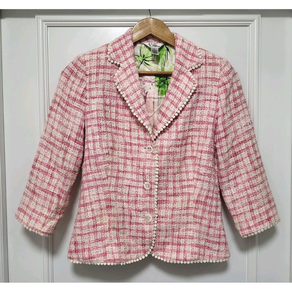 Vintage Lilly Pulitzer Pink White Tweed 3/4 Sleeve Blazer Sz 6